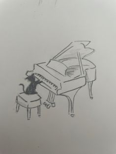 a black and white drawing of a cat sitting at a piano with its paw on the foot stool