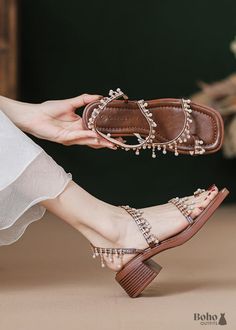 Boho Summer High Heel Sandals - Shoes Pearl Sandals For Summer Party, Summer Party Pearl Sandals, Spring Wedding Beaded Sandals, Pearl Embellished Sandals For Beach In Spring, Elegant Beaded Round Toe Sandals, Elegant Beaded Sandals For Summer, Elegant Beaded Sandals For Beach, Elegant Beaded Beach Sandals, Elegant Beaded Open Toe Sandals