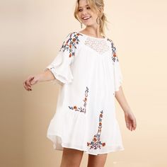 New In Packaging Floral Embroidered Bell Sleeve Boho Style Swing Dress. Turn Heads In This Super Gorgeous Lace And Embroidered Detail Babydoll Style Swing Dress. Features Dainty Rusching Details In A Flowy Lightweight Fabric That Is Fully Lined. Color: Off-White Material: Cotton Blend Model Is 5'8" And Wearing Small Direct From Vendor Flowy Mini Dress With Floral Embroidery, Embroidered Short Sleeve Mini Dress For Brunch, Floral Embroidered Short Sleeve Mini Dress For Brunch, Short Sleeve Mini Dress With Floral Embroidery For Brunch, Floral Embroidered Mini Dress With Short Sleeves For Brunch, Summer Embroidered Dresses For Brunch, Embroidered Summer Dress For Brunch, Summer Embroidered Dress For Brunch, Flowy Embroidered Floral Dress For Vacation