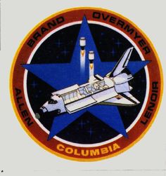 an emblem with the space shuttle on it's side and words that read, brand over river alien columbia