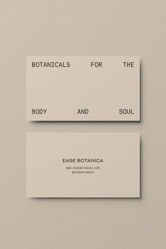 two white business cards with the words botanicals for the body and soul on them