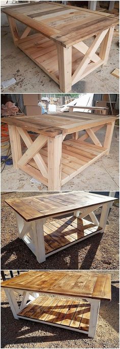 three different views of a coffee table made out of pallet boards and wood planks