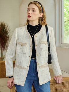 Julissa Vintage Braided Tweed Jacket – Simple Retro Casual Beige Tweed Jacket With Pockets, Casual Beige Tweed Outerwear, Beige Tweed Long Sleeve Outerwear, Beige Long Sleeve Tweed Outerwear, Fall Workwear Blazer With Multiple Pockets, Spring Beige Tweed Outerwear, White Tweed Jacket With Pockets For Work, Beige Tweed Jacket With Button Closure For Spring, Long Sleeve Tweed Jacket With Patch Pockets For Fall