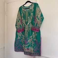 Brand New Unworn With Detailing As Shown In The Pictures Green Embroidered V-neck Kurta, Green Long Sleeve Lawn Suit With Intricate Embroidery, Bohemian Green Salwar Kameez With Floral Embroidery, Green Bohemian Embroidered Lawn Suit, Knit Sundress, Junaid Jamshed, Short Sundress, Blue Halter Dress, Embroidery Suit