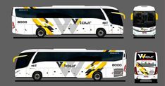 the tour bus is designed to look like it has been painted with yellow and white stripes