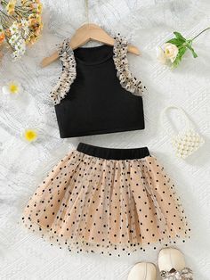 2pcs Girls' Party Wedding Mesh Ruffle Trim Sleeveless Crop Top And Skirt Set For Events Black Cute    Geometric,Polka Dot  Slight Stretch  Young Girls Clothing, size features are:Bust: ,Length: ,Sleeve Length: Black Mesh Skirt, Crop Top And Skirt Set, Crop Top And Skirt, Top And Skirt Set, Ruffle Crop Top, Mesh Skirt, Top And Skirt, Sleeveless Crop Top, Girls Party