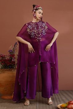 Buy Purple Cape Organza And Bustier & Pant Summer Silk Embroidery Mirror & Set For Women by Neha Poddar Online at Aza Fashions. Cape Organza, Organza Cape, Purple Cape, Organza Jacket, Embroidery Mirror, Embroidered Cape, Coord Sets, Purple Mirror, Fancy Sarees Party Wear