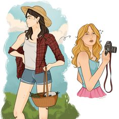 a woman holding a camera next to a drawing of a girl with a hat on