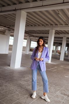 Made in Italy Chic, lilac, long sleeve blazer with lining and has a looser/flowy fit-structure. The perfect pop of color to add to your Spring and Summer wardrobe and pairs well with any bottoms including our matching Lilac Bila Pants! Matching set: Lilac Bila pants Our model wears Lilac Bila Pants , Beige Neda Top and Ecru Yael Bodysuit Sizes: S / M / L S: Length 27.17 in - Width 18.50 in M: Length 27.56 in - Width 19.29 inL: Length 27.95 in - Width 20.08 in Contexture: 100% polyester Washing: Lilac Bodysuit Outfit, Italy Chic, Parisian Summer, Body Suit Outfits, Long Sleeve Blazers, Sneakers Outfit, Late Summer, Women's Summer Fashion, Office Wear