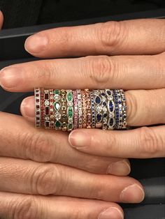 Stacked Gemstone Rings, Ruby Stackable Ring, Classic Ruby Stackable Rings With Gemstones, Tiffany Ring Stack, Stackable Ruby Jewelry In Fine Style, Sapphire Ring Stack, Fine Jewelry Ruby Gemstone Stackable Rings, Emerald Stacking Ring, Stackable Fine Ruby Jewelry