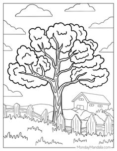 a coloring page with a tree in the foreground and a barn in the background