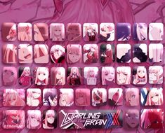 an anime character wallpaper with many different faces and hair colors, all in pink