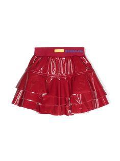 red glossy finish ruffled detailing high waist elasticated logo waistband raw-cut hem thigh-length unlined Teen Boy Outfits, Dress With Jean Jacket, Baby Boy Accessories, Dolce And Gabbana Kids, Casual Skirts, Stella Mccartney Kids, Skirted Swimwear, Jeans Dress, Swimwear Tops