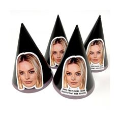 four black party hats with pictures of women's faces and words on the top