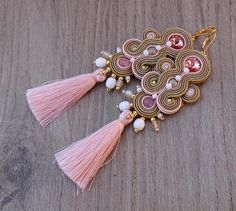 Nude Tassel Earrings Long Sparkling Bridal Earrings Pink Long Bridal Earrings, Crystals Earrings, Africa Dress, Soutache Necklace, Soutache Earrings, Beaded Jewelry Designs, Soutache Jewelry, Earrings Pink, Colorful Earrings