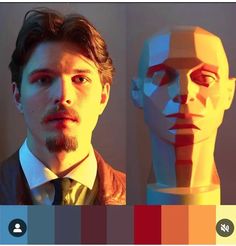 a man standing next to a mannequin head in front of a color scheme