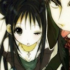 two anime characters with black hair and green eyes