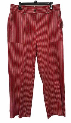 Elevate your casual wardrobe with these vintage-inspired Hasting & Smith pants. The red and yellow striped pattern gives a nod to the 90s while the straight leg and dress pant style keep them modern and versatile. The denim fabric type adds durability and the zip/button closure ensures a secure fit. These pants, in size 12 and regular fit, are perfect for any casual occasion and feature pockets for added convenience. Add a touch of retro-chic to your outfit with these classic pants. Retro Red Cotton Pants, Red Vertical Stripes Bottoms For Summer, Red Vertical Stripes Summer Bottoms, Retro Cotton Pants With Vertical Stripes, Striped Denim, Classic Pants, Pant Style, Red And Yellow, Yellow Stripes