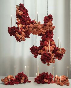 a bunch of candles that are in the shape of flowers on a white tablecloth