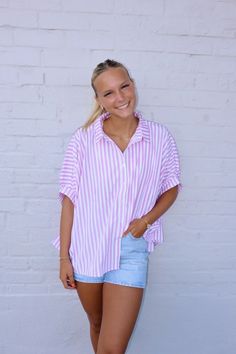 Oversized Striped Button-up Blouse, Striped Oversized Button-up Blouse, Oversized Striped Collared Blouse, Summer Collared Blouse With Buttons, Summer Blouse With Collared Shape And Buttons, Oversized Pink Collared Blouse, Striped Collared Blouse For Beach, Striped Collared Blouse For The Beach, Summer Collared Blouse For Daywear