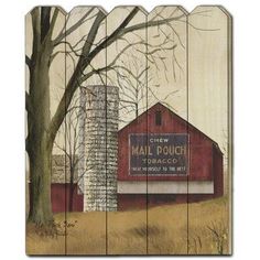 a painting of a red barn and silo on a wooden fence that says mail dough