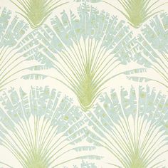 a green and white wallpaper with palm leaves