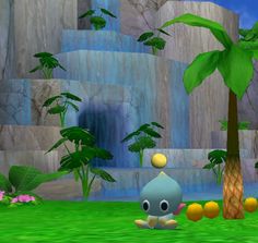 an image of a cartoon character in the game mario kart racing with fruit and palm trees