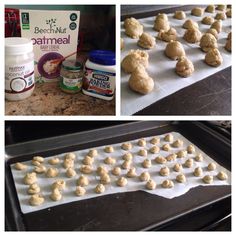 some food is laying out on a baking sheet and then being put in the oven