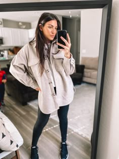 Shaket Jacket And Leggings, Oversize Shirt And Leggings Outfit, Gray Shacket Outfit Women, Shacket Outfit Leggings, Oversized Shacket Outfit Women, Outfits With Shacket, Grey Shacket Outfit Women, Leggings And Shacket Outfit, Shaket Jacket Outfit Winter