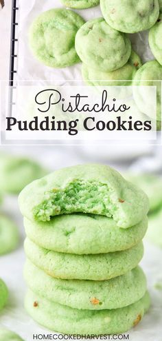 green cookies stacked on top of each other with the words, pistachio pudding cookies