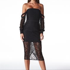 Never Worn Fitted Off-shoulder Lace Evening Dress, Evening Lace Midi Bodycon Dress, Lace Midi Length Bodycon Evening Dress, Lace Bodycon Dress For Night Out, Midi Length, Lace Midi Bodycon Dress For Night Out, Spring Party Off-shoulder Lace Dress, Chic Lace Midi Dress For Night Out, Spring Off-shoulder Lace Party Dress, Midi-length Lace Bodycon Dress For Night Out