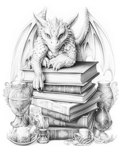 a pencil drawing of a dragon sitting on top of some books and holding a book