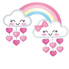 two clouds with hearts and a bow hanging from them in the shape of rainbows