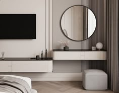 a bedroom with a large mirror and white furniture