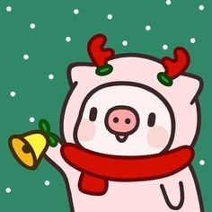 a pig holding a bell and wearing reindeer antlers