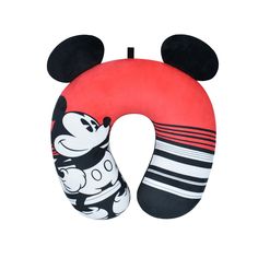 mickey mouse travel neck pillow in red and black with stripes on the front, featuring an image of mickey mouse's head