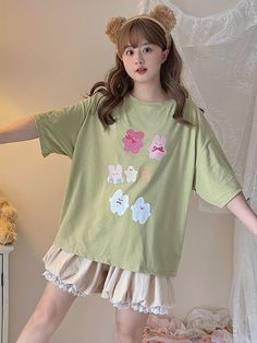 The price is for a T-shirt only, others are not included. Neckline:Round NeckVersion:Loose Garment Size   	 		 			Size 			Free Size 		 		 			Shoulders 			58 		 		 			Bust 			120 		 		 			Full Length 			65 Cute Green Crew Neck Top, Green Kawaii Tops For Spring, Kawaii Cotton Tops For Spring, Spring Cotton Kawaii Tops, Spring Kawaii Cotton Tops, Kawaii Green Tops With Graphic Print, Kawaii Green Graphic Print Tops, Cute Green Crew Neck T-shirt, Cartoon Pets