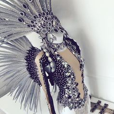 a pair of high heeled shoes with feathers and jewels on the heels are displayed