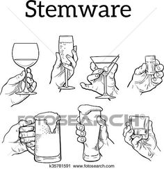 hand holding wine glasses and drinking them with stemware in black and white color, set of