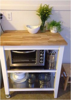 a microwave oven sitting on top of a wooden counter next to a potted plant