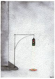 a drawing of a traffic light hanging from a pole in front of a white wall