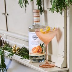 a bottle of alcohol sitting on top of a shelf next to a glass filled with orange slices