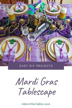 mardi gras table setting with purple and gold