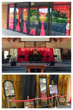 the front and side of a building with red curtains