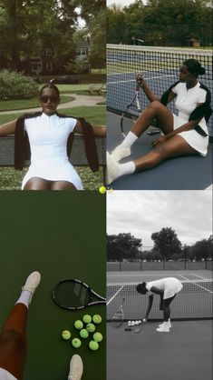 four different shots of tennis players with rackets and balls