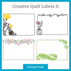 the design pack includes four different floral designs, including flowers and leaves in vases