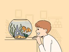 a man looking at an aquarium with goldfish in it - animals characters, people characters