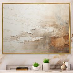 an abstract painting hangs on the wall above a mantle