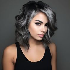 40 Gorgeous Ideas of Gray Blending for Dark Hair Grey Hair Around The Face, Black And Smokey Grey Hair, Hair Looks For Prom Medium Hair, Black Grey Hair Highlights, Grey In Front Dark In Back Hair, Smokey Silver Gray Hair, Shades Of Grey Hair Color Highlights, Dark Hair Transition To Grey, Black Hair To Grey Transition