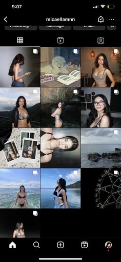 an iphone photo collage with multiple pictures and captions on the screen, including women in swimsuits